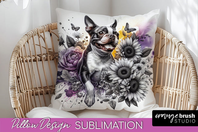 Boston Terrier Pillow Cover - Dog Mom Floral Pillow Sublimation Sublimation OrangeBrushStudio 