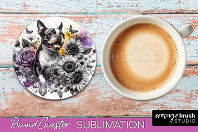 Boston Terrier Round Coaster - Dog Mom Floral Coaster Sublimation Sublimation OrangeBrushStudio 