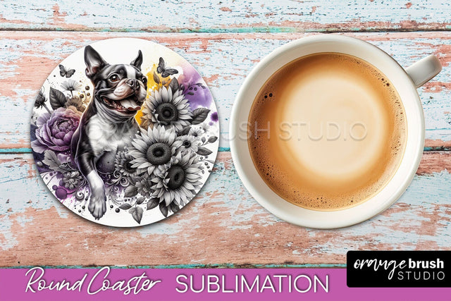 Boston Terrier Round Coaster - Dog Mom Floral Coaster Sublimation Sublimation OrangeBrushStudio 
