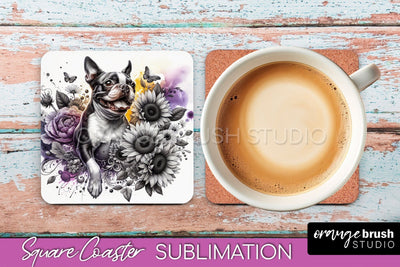 Boston Terrier Square Coaster - Dog Mom Floral Coaster Sublimation Sublimation OrangeBrushStudio 