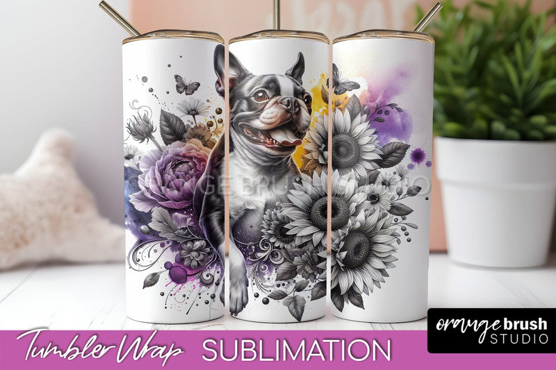 Boston Terrier Tumbler Wrap - Dog Mom Floral Tumbler Sublimation Sublimation OrangeBrushStudio 