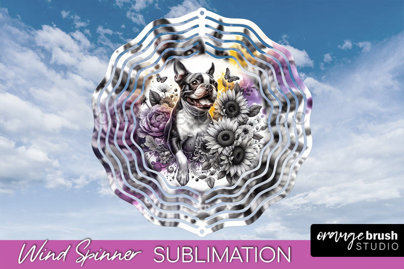 Boston Terrier Wind Spinner, Dog Mom Floral Wind Spinner Sublimation Sublimation OrangeBrushStudio 