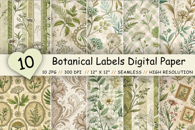 Botanical Labels Digital Paper Pack, Vintage Floral Label Patterns, Printable Crafts Digital Pattern FloridPrintables 