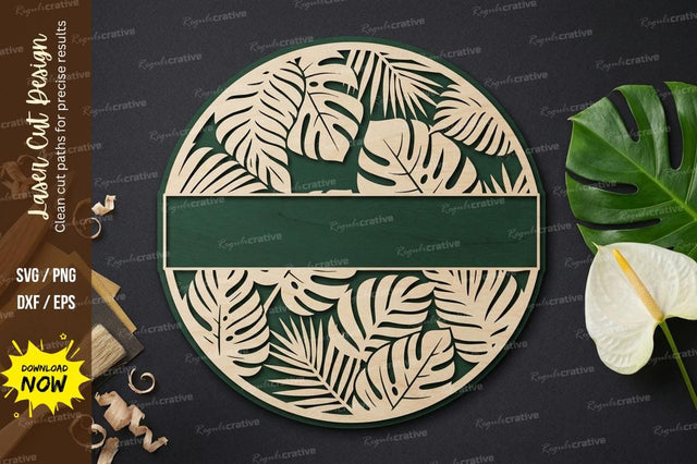 Botanical Leaf Frame Round SVG Laser Cut Design | Custom Text Border Pattern SVG Regulrcrative 