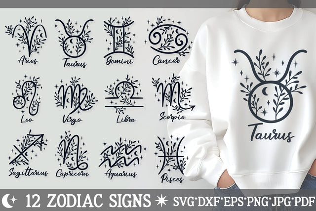 Botanical Zodiac SVG Bundle | 12 Floral Astrology Sign Clipart SVG Tafti Art 