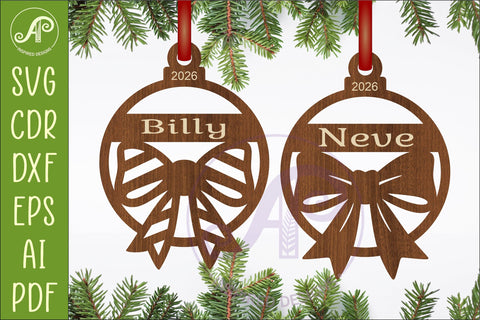 Bow Christmas Ornament SVG, Engraved Name Bauble, Laser Cut SVG APInspireddesigns 