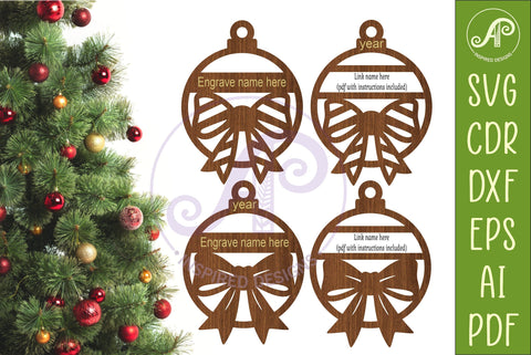Bow Christmas Ornament SVG, Engraved Name Bauble, Laser Cut SVG APInspireddesigns 