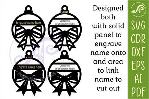 Bow Christmas Ornament SVG, Engraved Name Bauble, Laser Cut SVG APInspireddesigns 