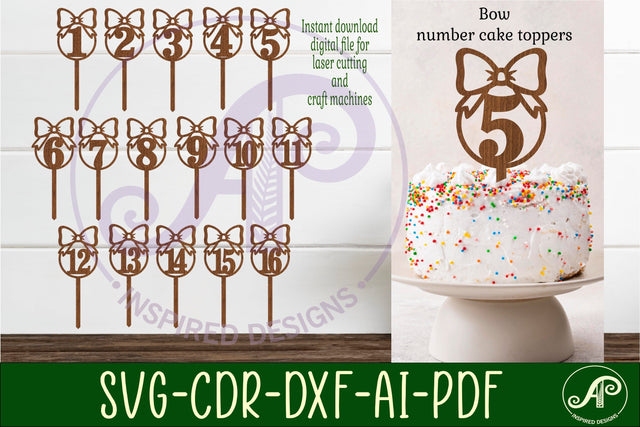 Bow number cake toppers, 16 designs SVG laser cut SVG APInspireddesigns 