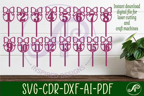 Bow number cake toppers, 16 designs SVG laser cut SVG APInspireddesigns 