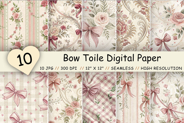 Bow Toile Digital Paper Pack, Vintage Ribbon Floral Seamless Patterns, Wedding & Printable Crafts Digital Pattern FloridPrintables 