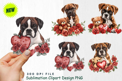 Boxer and Valentine's Teddy Bear with Roses Clipart Sublimation Regulrcrative 