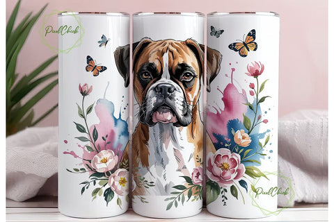 Boxer Dog Floral 20oz Tumbler Wrap Sublimation PixelChick 
