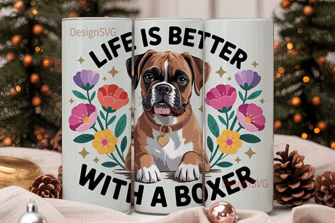 Boxer Dog with Flowers 20oz Tumbler Wrap Sublimation DesignSVG 