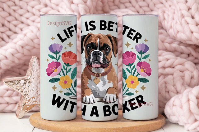 Boxer Dog with Flowers 20oz Tumbler Wrap Sublimation DesignSVG 