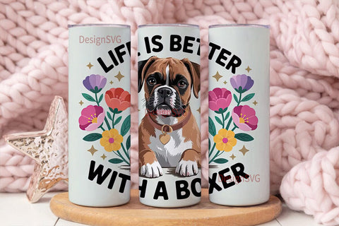 Boxer Dog with Flowers 20oz Tumbler Wrap Sublimation DesignSVG 