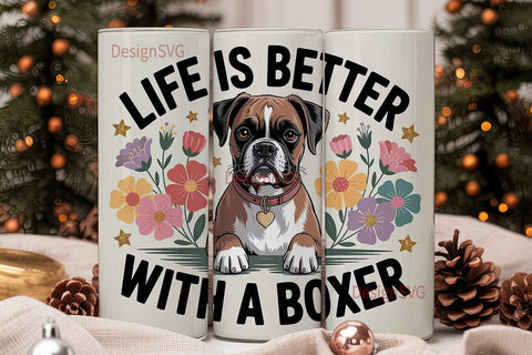 Boxer Dog with Flowers 20oz Tumbler Wrap Sublimation DesignSVG 