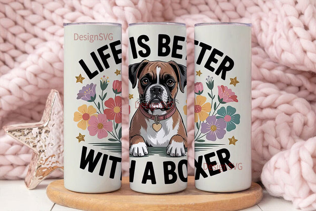 Boxer Dog with Flowers 20oz Tumbler Wrap Sublimation DesignSVG 