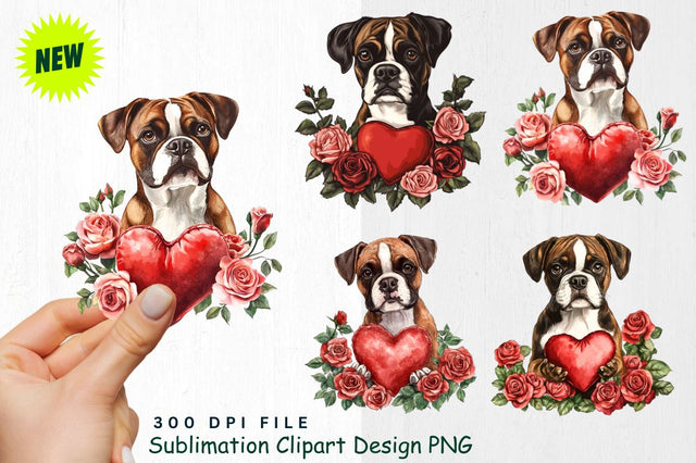 Boxer Dog with Plush Heart and Roses Clipart Sublimation Regulrcrative 