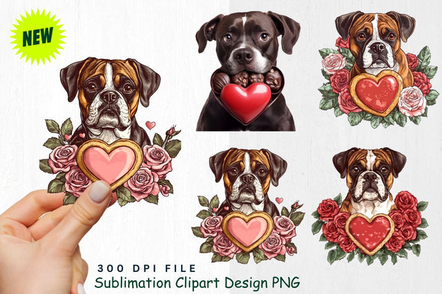 Boxer Dog with Roses and Heart-Shaped Cookie Clipart Sublimation Regulrcrative 