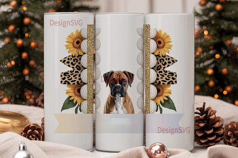 Boxer Dog with Sunflowers Tumbler Wrap Sublimation DesignSVG 