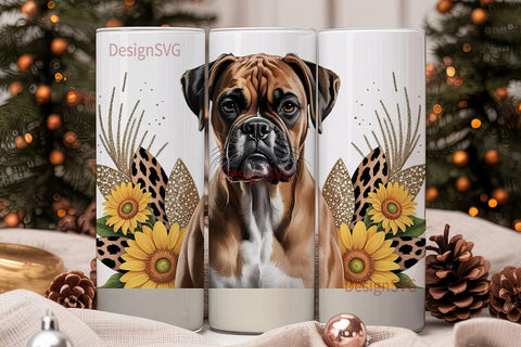 Boxer Dog with Sunflowers Tumbler Wrap Sublimation DesignSVG 