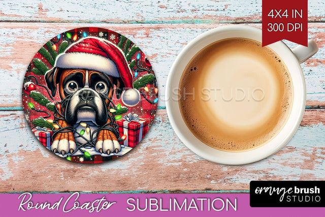 Boxer Funny Christmas Dog Round Coaster Sublimation OrangeBrushStudio 