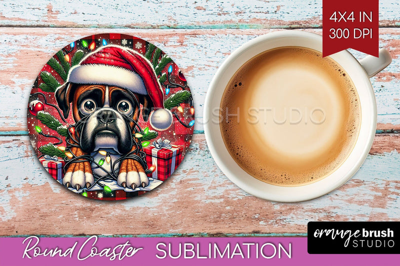Boxer Funny Christmas Dog Round Coaster Sublimation OrangeBrushStudio 