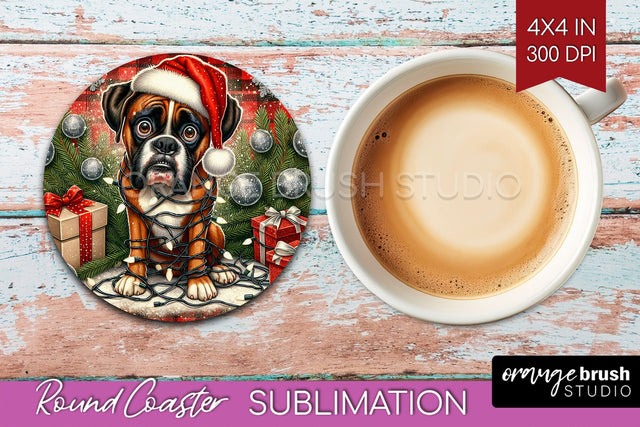 Boxer Funny Christmas Dog Round Coaster Sublimation OrangeBrushStudio 