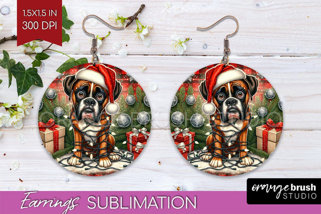 Boxer Funny Christmas Dog Round Earrings Sublimation OrangeBrushStudio 