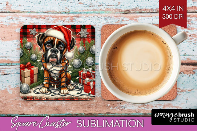 Boxer Funny Christmas Dog Square Coaster Sublimation OrangeBrushStudio 