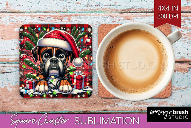 Boxer Funny Christmas Dog Square Coaster Sublimation OrangeBrushStudio 