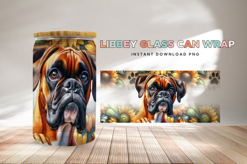 Boxer Libbey Glass Can Wrap, Dog Sunflower PNG Sublimation BijouBay 