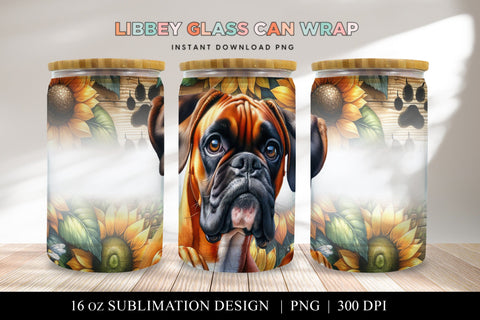 Boxer Libbey Glass Can Wrap, Dog Sunflower PNG Sublimation BijouBay 
