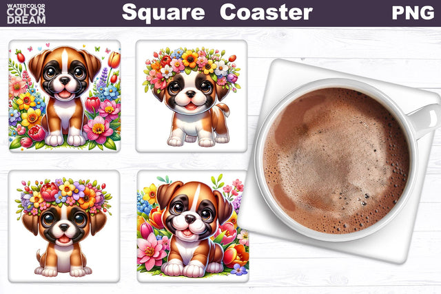 Boxer Square Coaster | Dog Flowers Square Coaster Sublimation WatercolorColorDream 