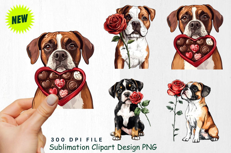 Boxer with Giant Rose and Floating Hearts Clipart Sublimation Regulrcrative 