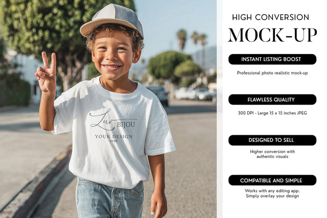 Boy T-Shirt Mockup Blank White Tee Urban Street Style Mock Up Photo BijouBay 