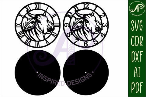 Brahma bull wall clock laser cut files, SVG file. vector SVG APInspireddesigns 