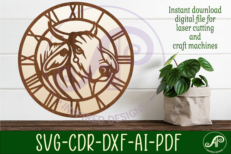 Brahma bull wall clock laser cut files, SVG file. vector SVG APInspireddesigns 