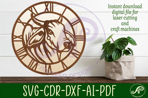 Brahma bull wall clock laser cut files, SVG file. vector SVG APInspireddesigns 