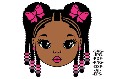 Braided Afro Girl Clipart with Pink Bows and Beads in SVG PNG JPG PDF DXF AI EPS Formats for Cricut Sublimation Crafts and Digital Designs SVG 1uniqueminute 
