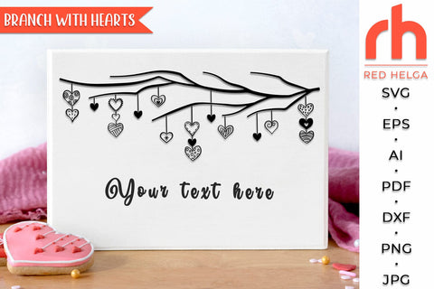 Branch with Hearts SVG, Valentine's Day Cut File, Hanging Ornament DXF, Hearts on a String Vector, Love Design, Valentine's Day Card SVG RedHelgaArt 