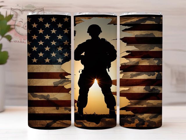Brave & Strong American Soldier Tumbler, USA Flag Tumbler Wrap, Patriotic Military PNG, 20oz Veteran Sublimation, Soldier With Flag Design, Memorial Day Tumbler, Military Tribute Wrap Sublimation Lara' s Designs 