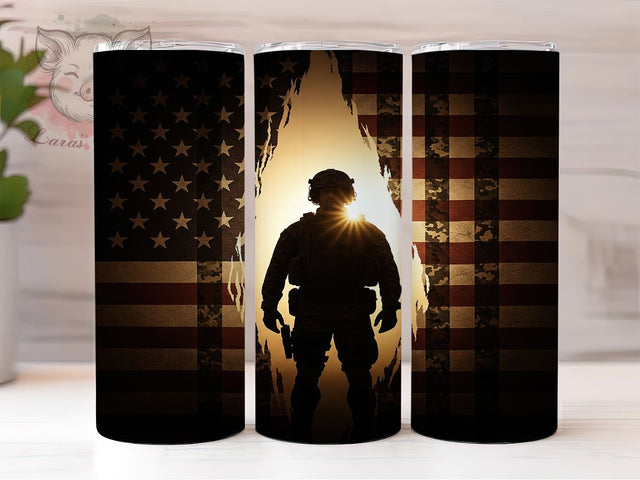 Brave & Strong American Soldier Tumbler, USA Flag Tumbler Wrap, Patriotic Military PNG, 20oz Veteran Sublimation, Soldier With Flag Design, Memorial Day Tumbler, Military Tribute Wrap Sublimation Lara' s Designs 