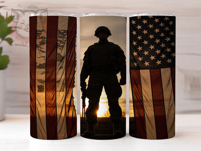 Brave & Strong American Soldier Tumbler, USA Flag Tumbler Wrap, Patriotic Military PNG, 20oz Veteran Sublimation, Soldier With Flag Design, Memorial Day Tumbler, Military Tribute Wrap Sublimation Lara' s Designs 