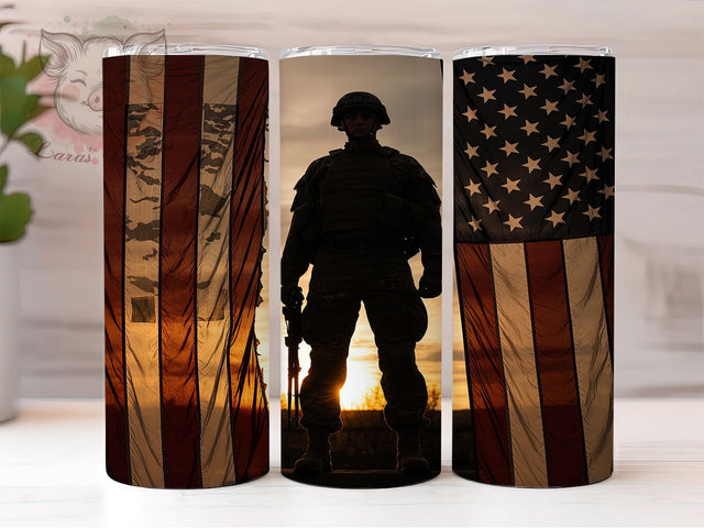 Brave & Strong American Soldier Tumbler, USA Flag Tumbler Wrap, Patriotic Military PNG, 20oz Veteran Sublimation, Soldier With Flag Design, Memorial Day Tumbler, Military Tribute Wrap Sublimation Lara' s Designs 