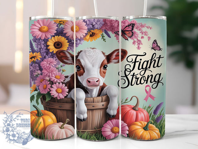 Breast Cancer Awareness Cow Tumbler, Breast Cancer Wrap, Fight Strong Design, Sublimation Cup, 20oz Skinny Tumbler, Awareness Drinkware, Pink Ribbon Style Sublimation ToriDesigns 