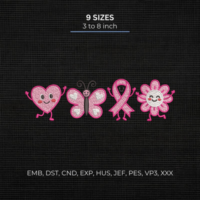 Breast Cancer Awareness Cute Characters Embroidery Design – Pink Ribbon Heart Butterfly Flower Machine Embroidery File, 9 Sizes Embroidery/Applique DESIGNS PatternFeed8 