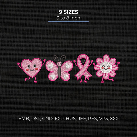 Breast Cancer Awareness Cute Characters Embroidery Design – Pink Ribbon Heart Butterfly Flower Machine Embroidery File, 9 Sizes Embroidery/Applique DESIGNS PatternFeed8 