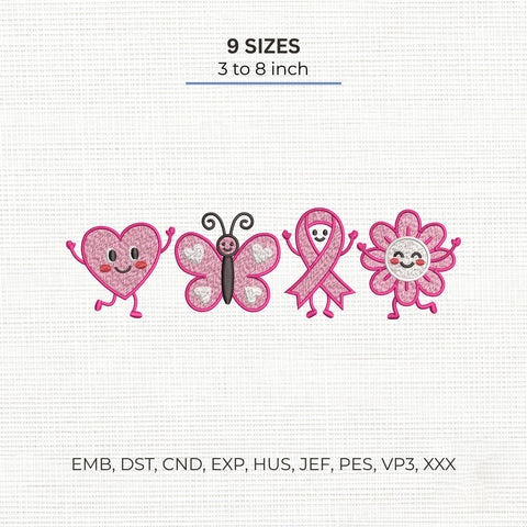 Breast Cancer Awareness Cute Characters Embroidery Design – Pink Ribbon Heart Butterfly Flower Machine Embroidery File, 9 Sizes Embroidery/Applique DESIGNS PatternFeed8 